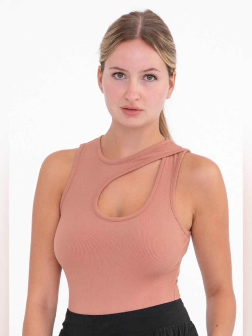 Ribbed Asymmetric Cutout Bodysuit - Mocha Mousse